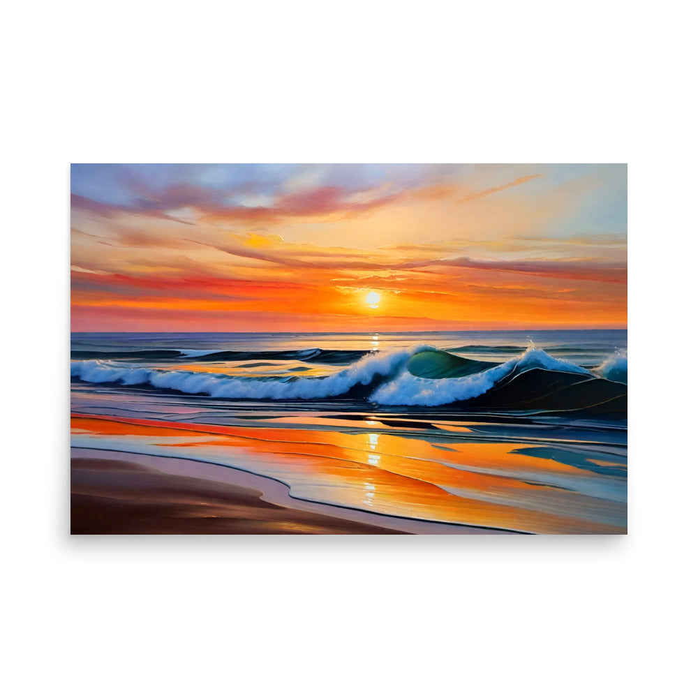 Sunset-hued seascape art prints capturing the vibrant oranges and pinks as waves