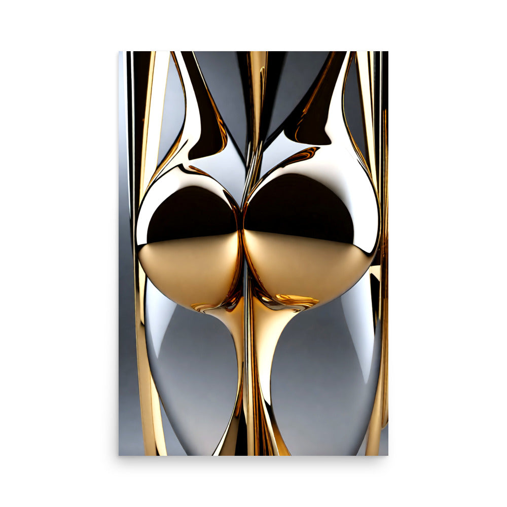 A shiny, curved metal sculpture of a female form.
