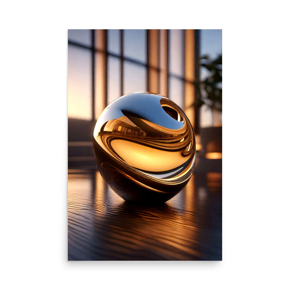 A golden crystal sphere on a reflective surface, creating a mesmerizing effect.