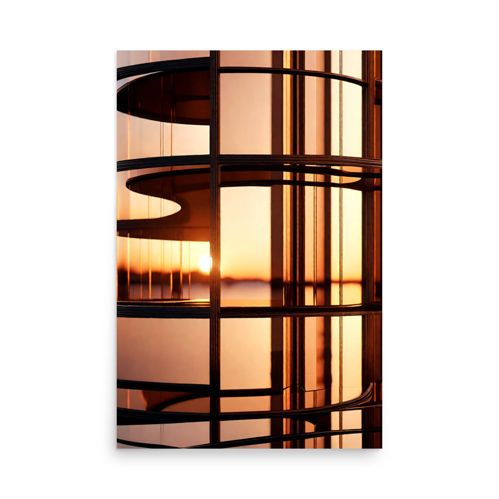 A modern art sunset scene with reflections of sunlight beaming through the buildings