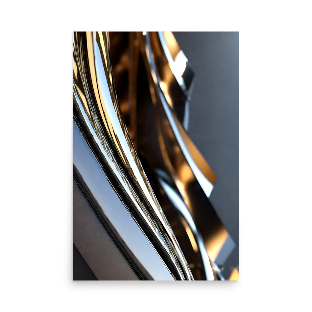 A shiny curved metal sculpture artwork with reflections.