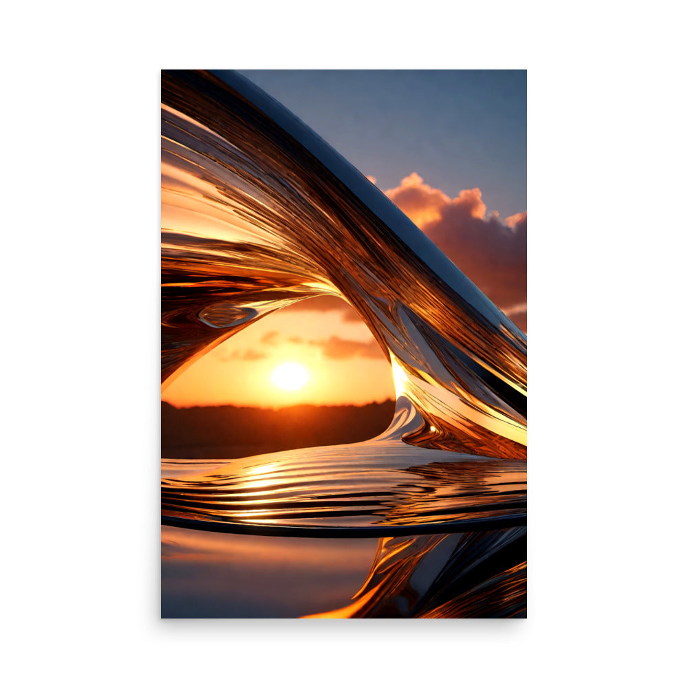 A sunset scene with a wave-like structure made of shimmering glass reflecting the sunlight.
