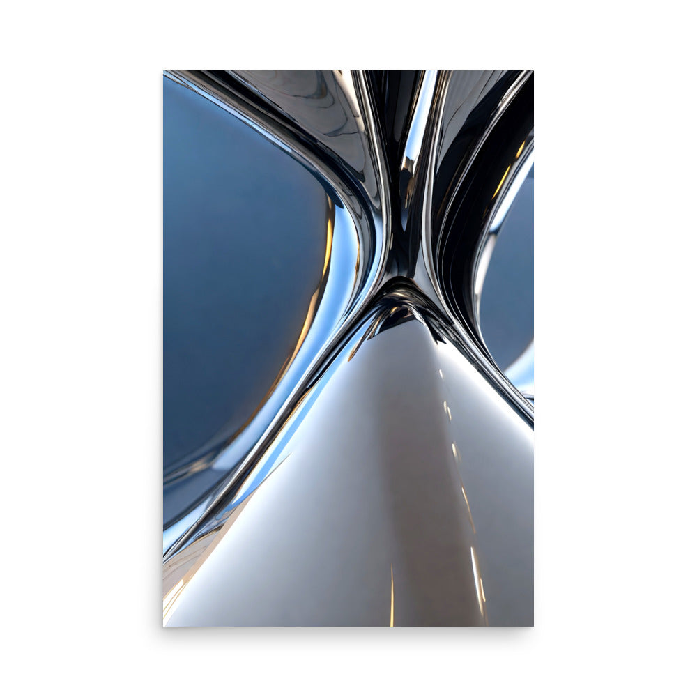 An abstract shiny white curved metal sculpture art and sky blue reflections.