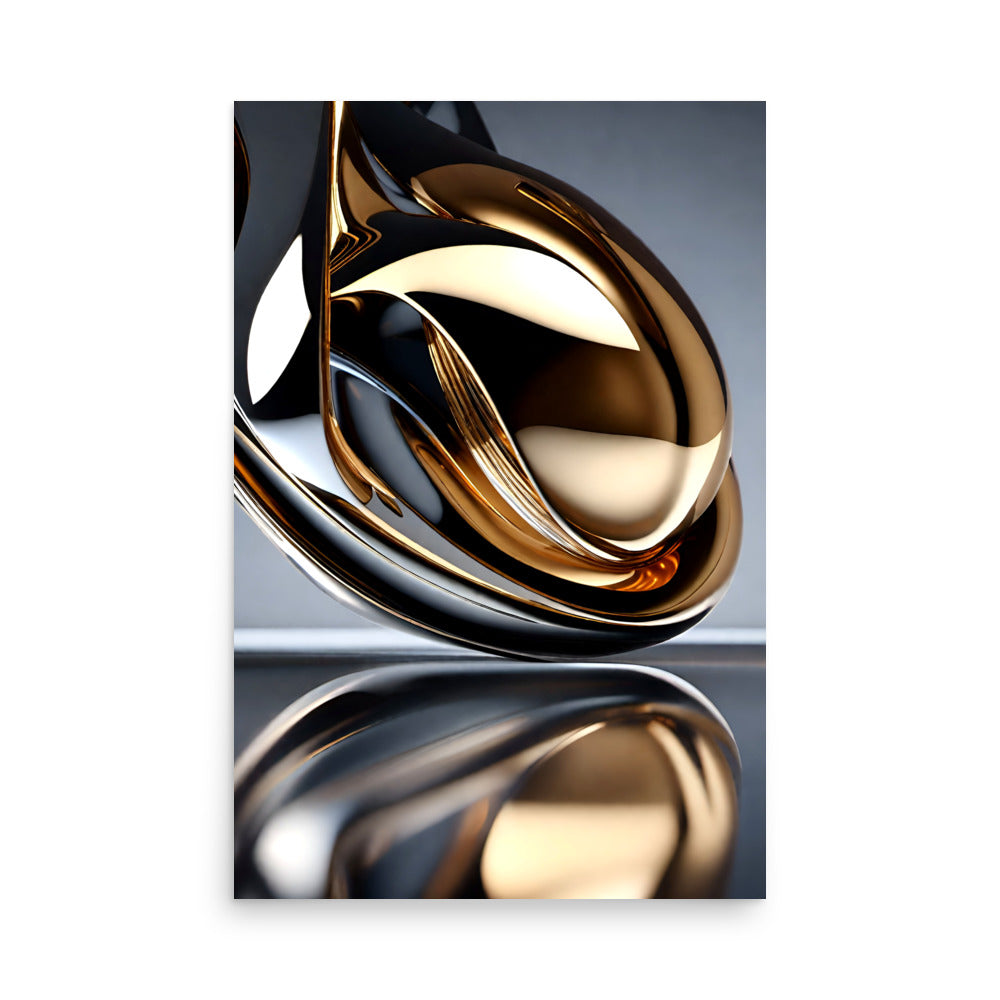 Artwork with a gold colored curved object sitting on a reflective mirrored surface.