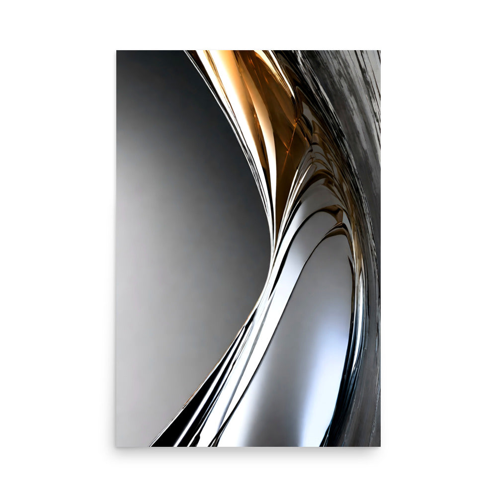 Shiny curved metal sculpture in a modern black and white style.