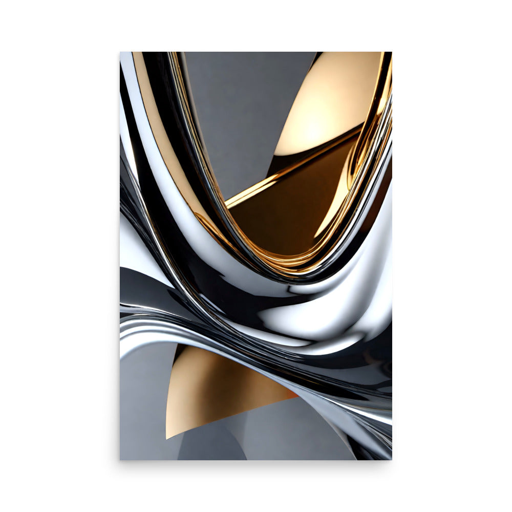 Shiny gold and silver metallic sculpture on a mirrored surface.