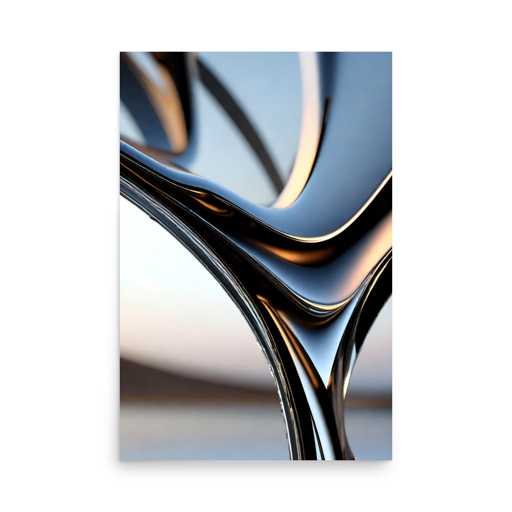 Shiny metallic sculpture art of a curved piece of mirrored metal.