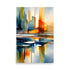 A city skyline watercolor artwork reflecting on a calm serene lake, and sunset.