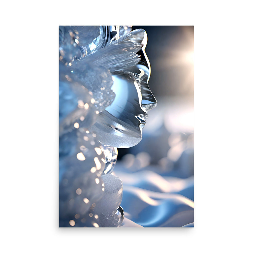 A frozen ice sculpture of a woman's face with blue and white glow.