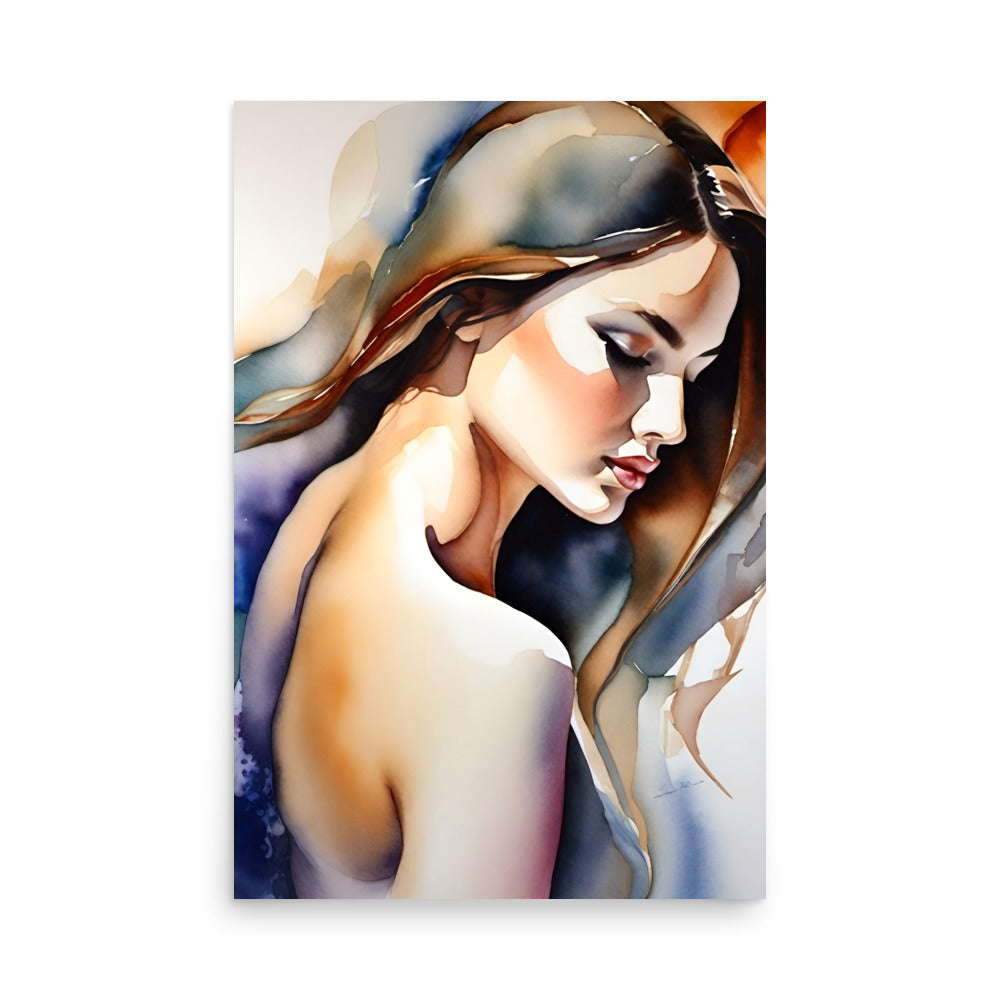 A watercolor painting of a beautiful woman with long hair, painted with colorful brushstrokes.