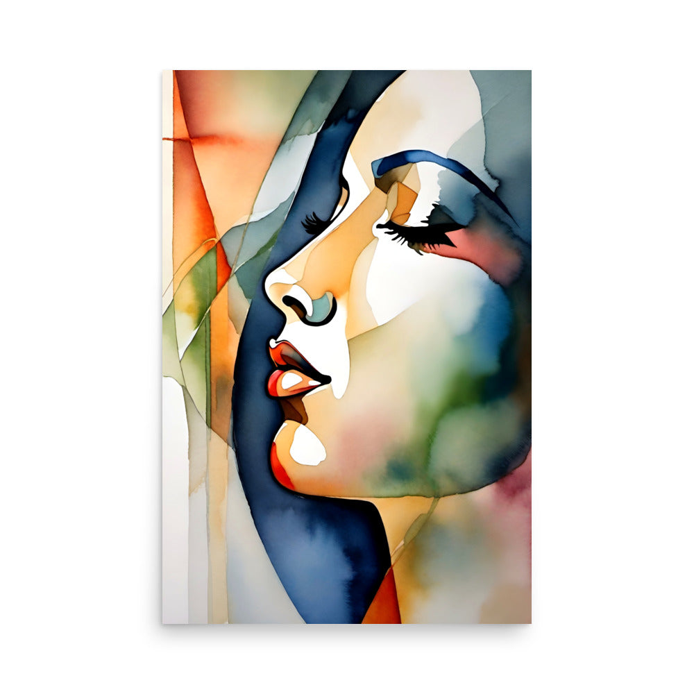 A watercolor painting with a vibrant, colorful woman's portrait.