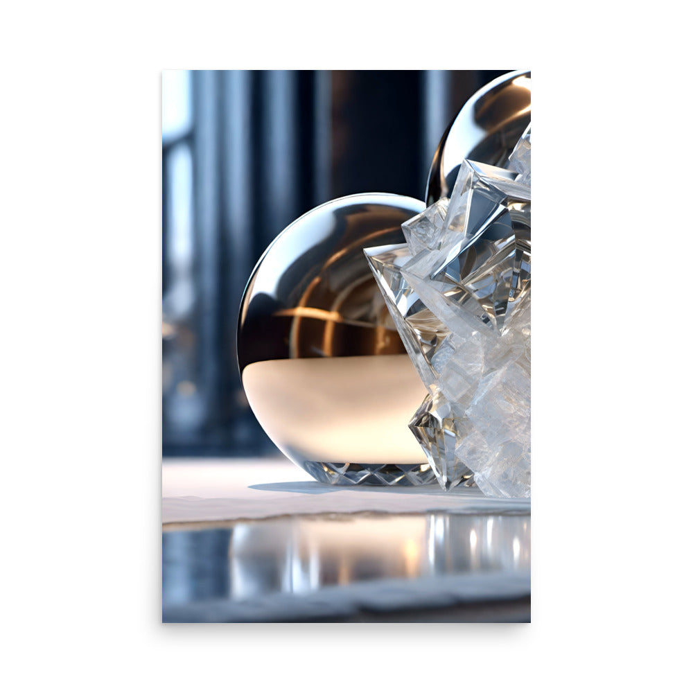 An ice sculpture and a crystal ball with a light gold plating.