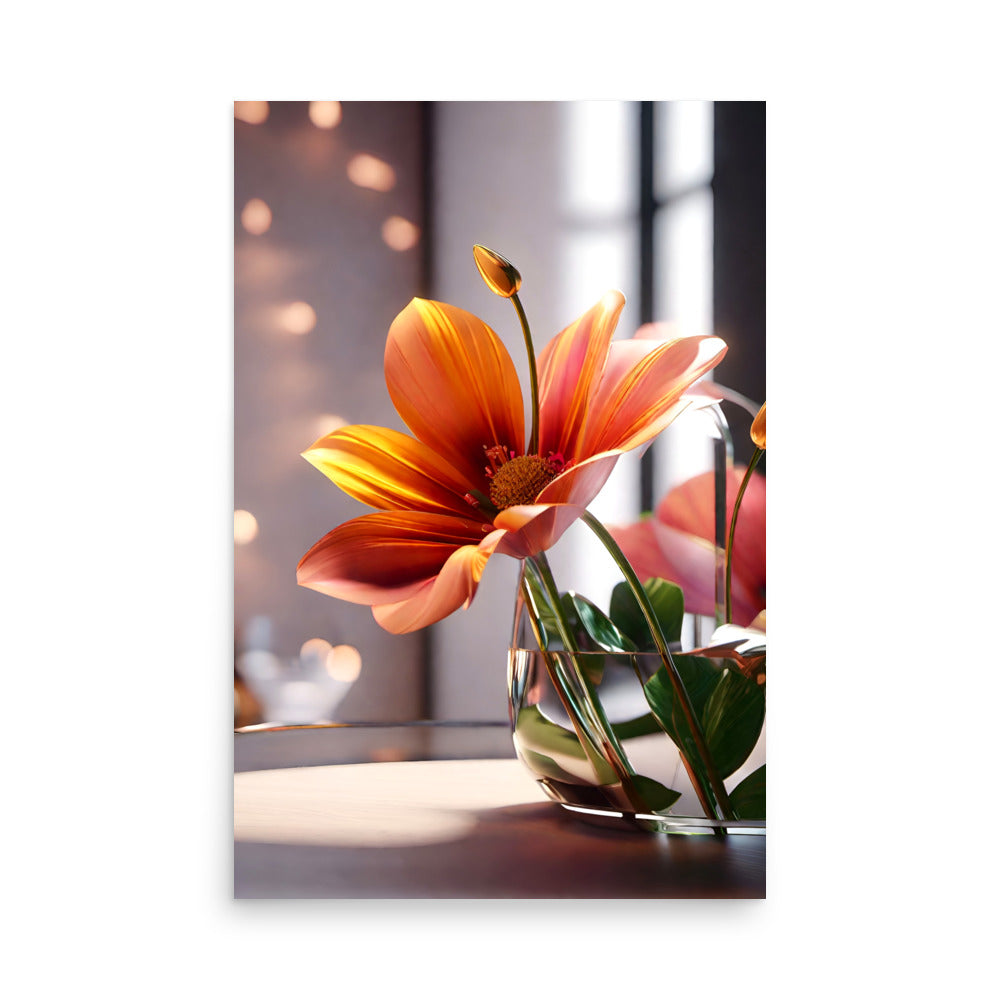 Vibrant orange flower sits in a clear glass vase.
