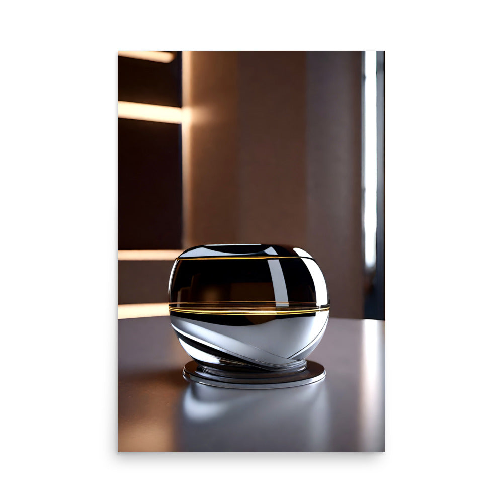 A modern art print, with a beautifully shiny silver and white art glass.