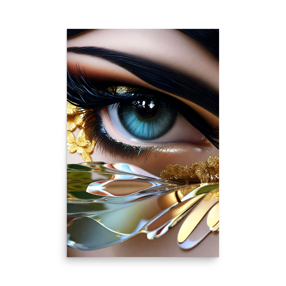 A really unique artwork, a beautiful womans's eye close up adorned with gold decorations.