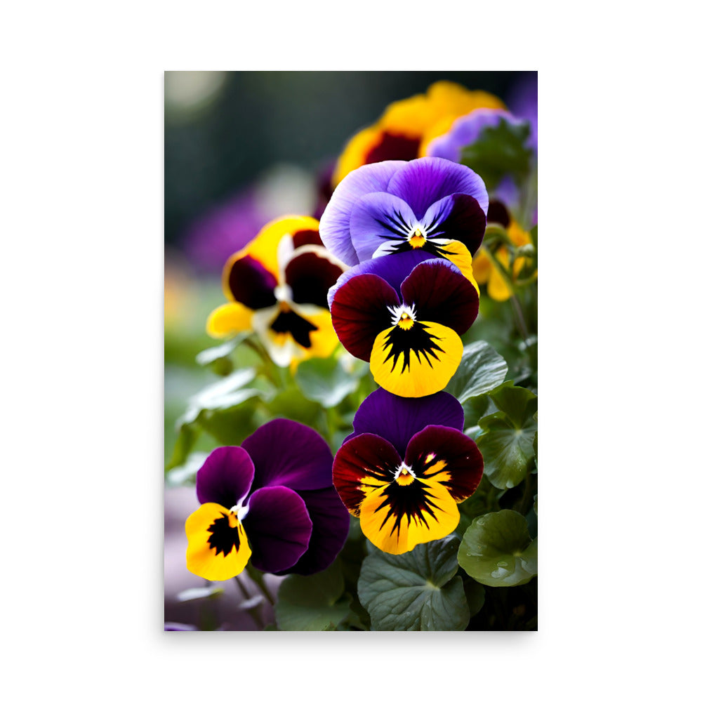 Art prints for Pansy lovers, vibrant yellow, deep purples in an artistic diagonal composition.
