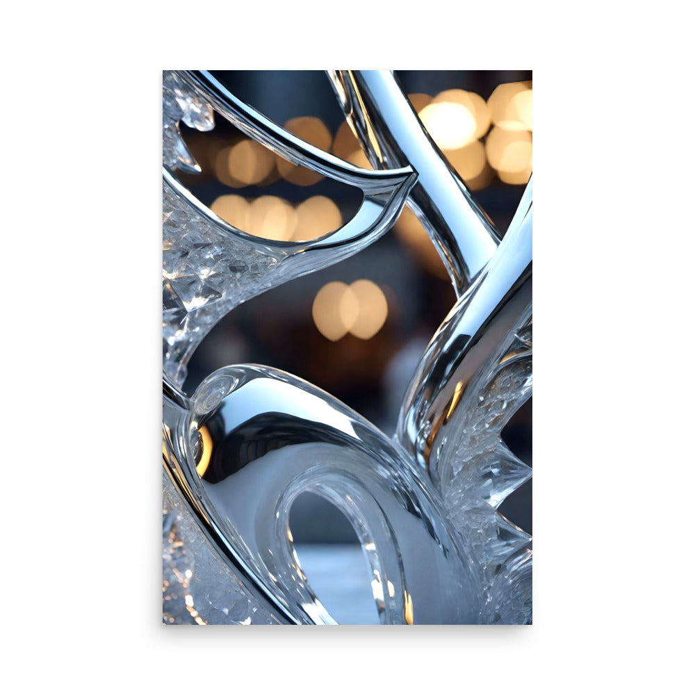 Fine art prints of a glass sculpture with a silver finish reflecting the outdoor light.