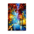 Colorful paletteknife painting of reflective streets ,colorful trees and street lamps glowing bright.