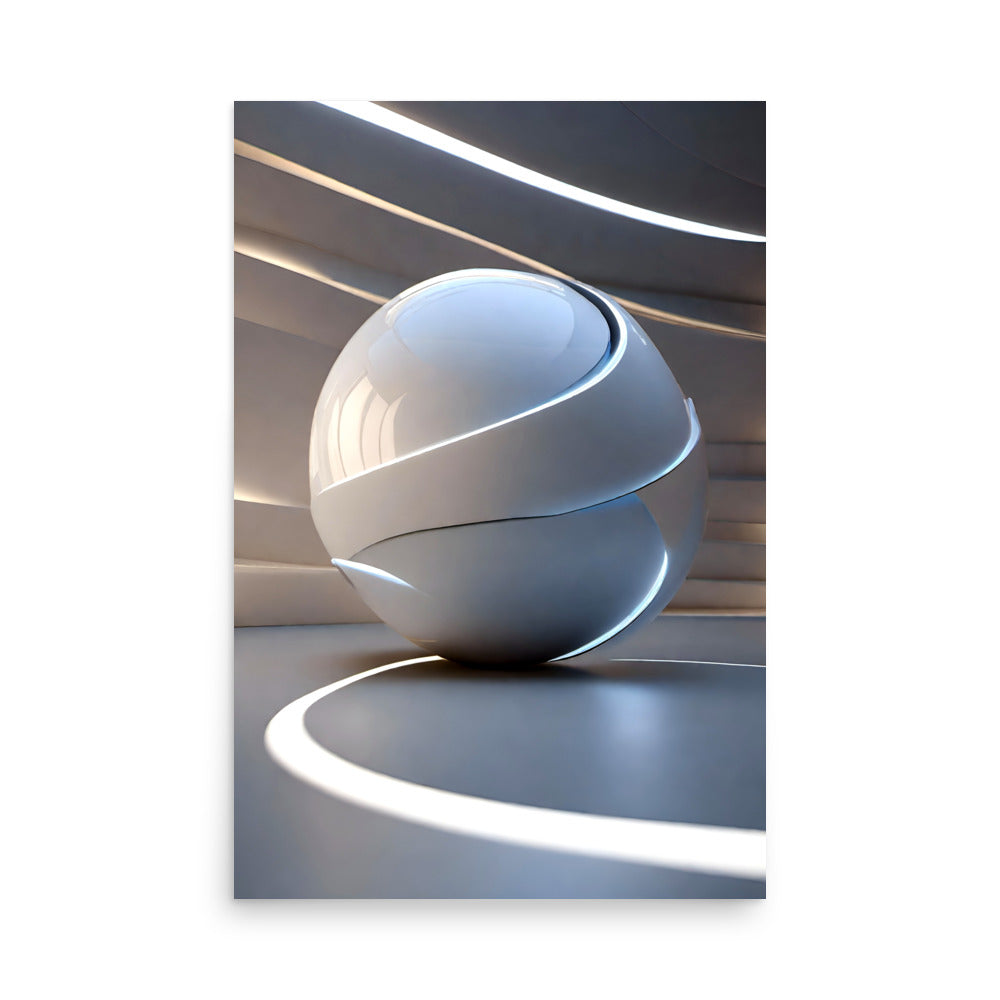 A beautiful modern art glossy white sphere reflecting light from the windows.