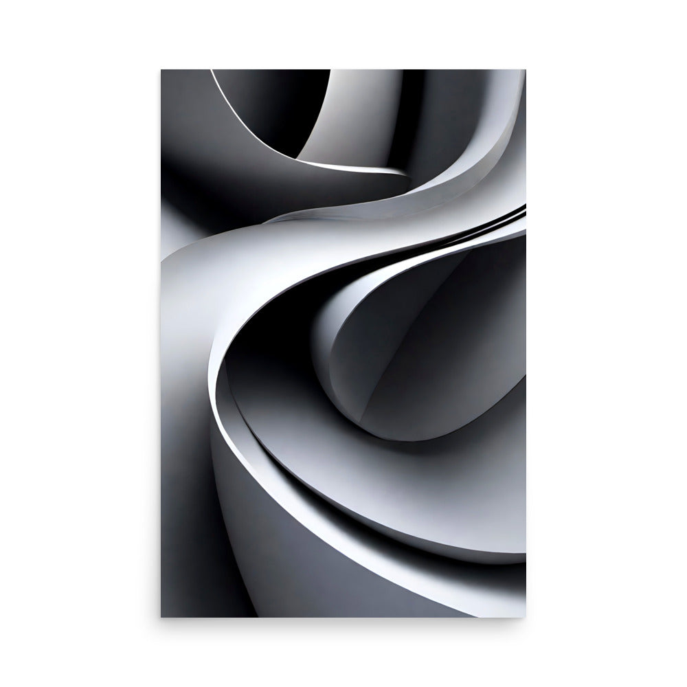 Black and white abstract art with mesmerizing curves in a sculpture vividly lit.