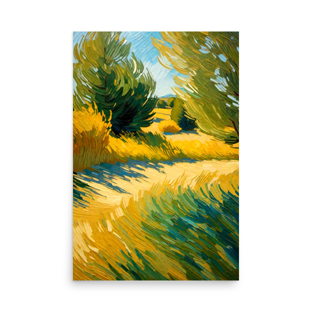 Vibrant impressionist oil painting conveys dynamic landscape. Swirling trees, undulating golden fields evoke windswept motion. Energetic brushwork captures nature's graceful movement.