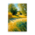 A beautiful yellow landscape painting with green trees on a hill top with vibrant yellow fields.