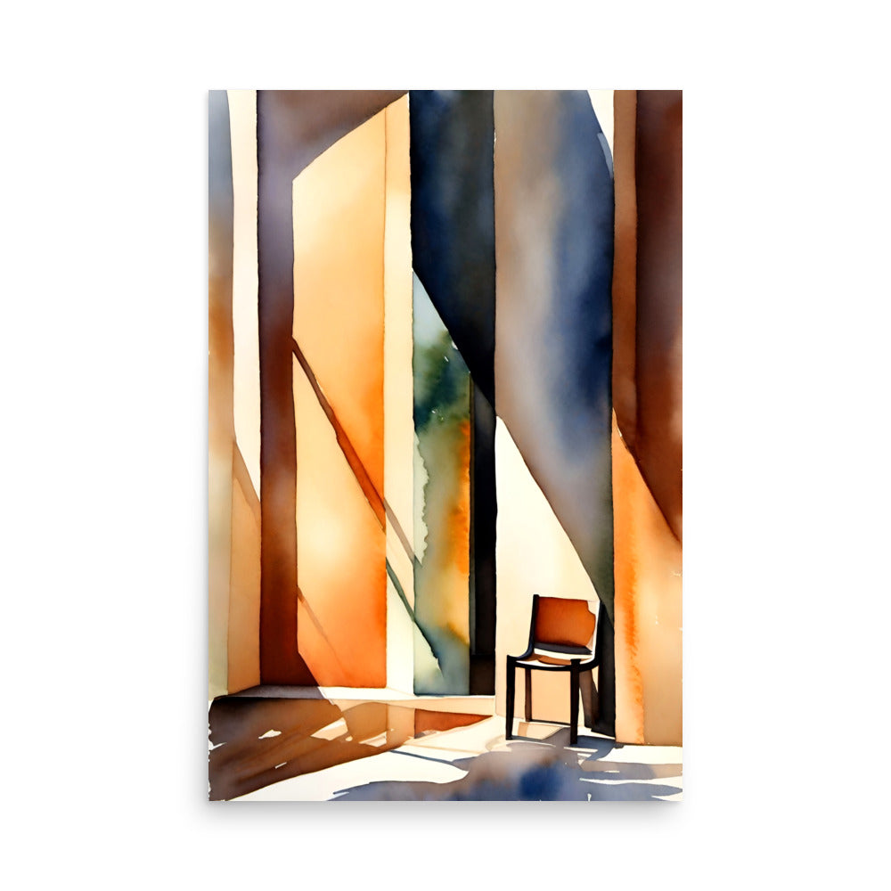 A cool modern painting style of watercolor with sunlight shining through tall windows.