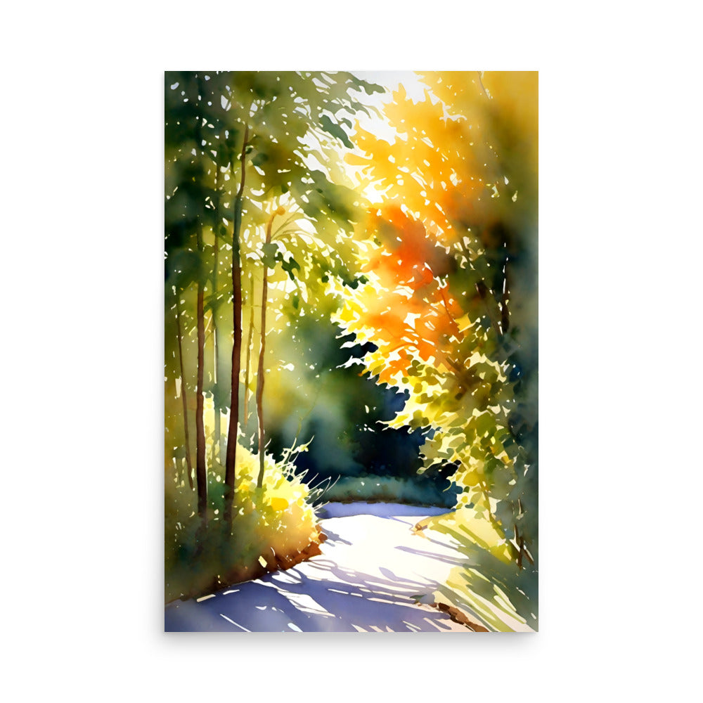 A watercolor painting with orange and yellow trees lit by sunlight warmly shining from behind them.