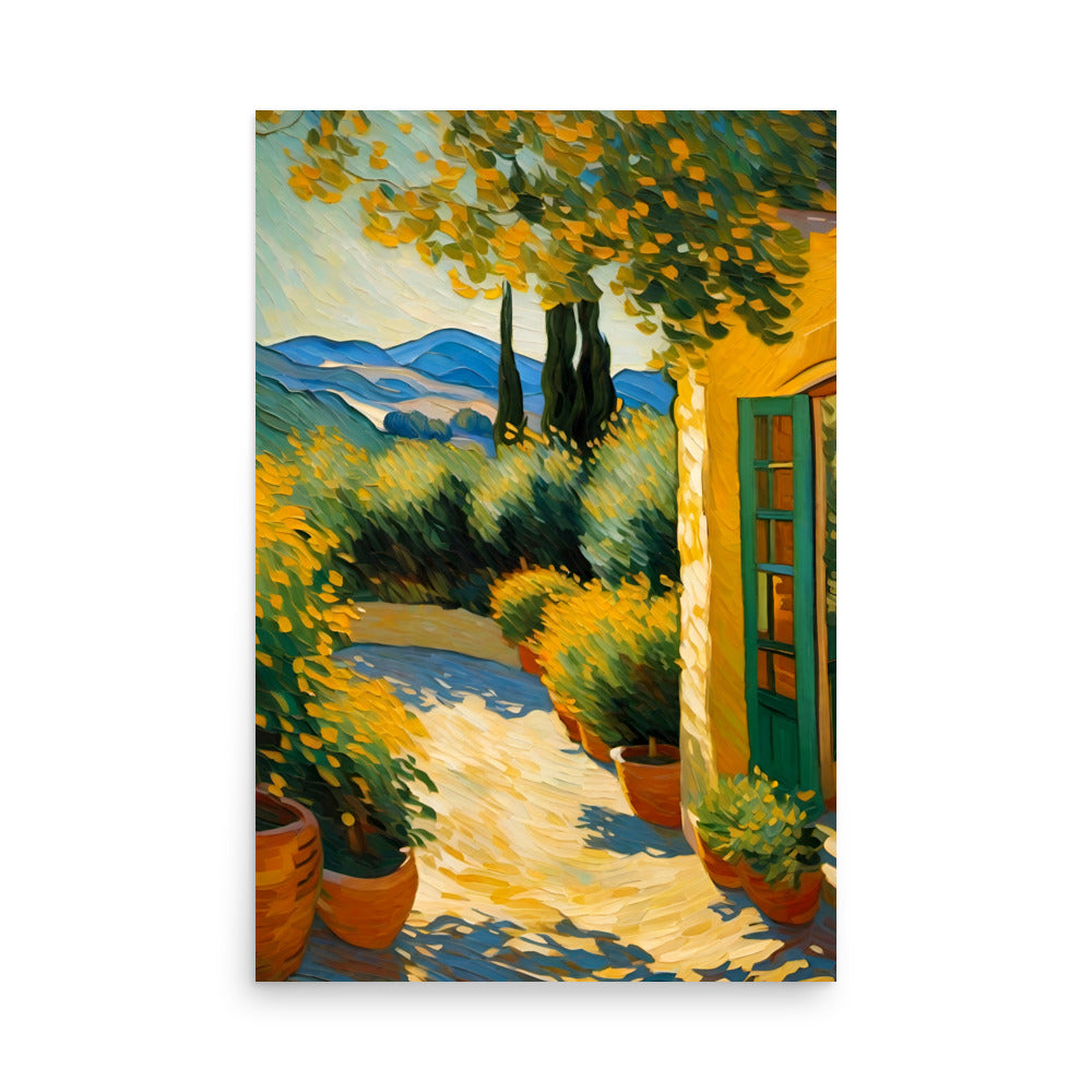 Painting of a charming country home landscape with beautiful glowing shades of yellow and orange.