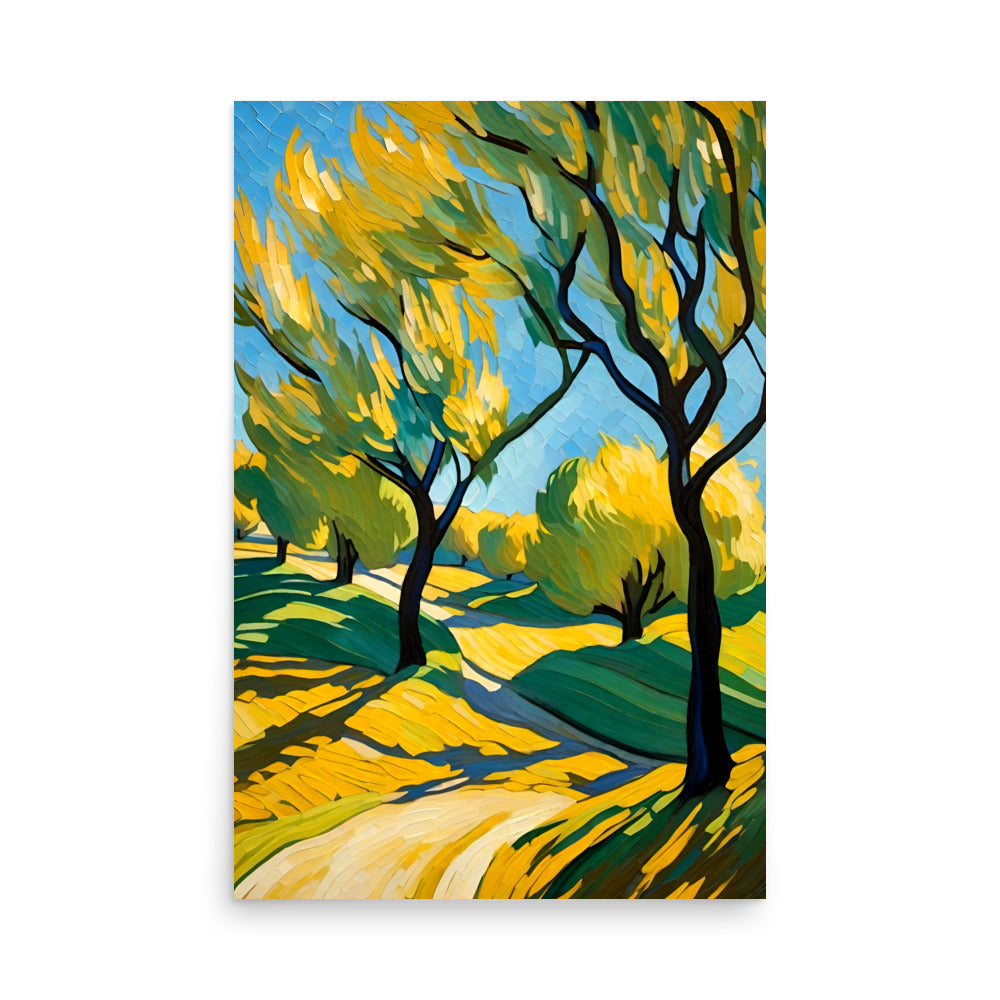 A painting with colorful yellow hills and bright sunlit trees blown by the wind.