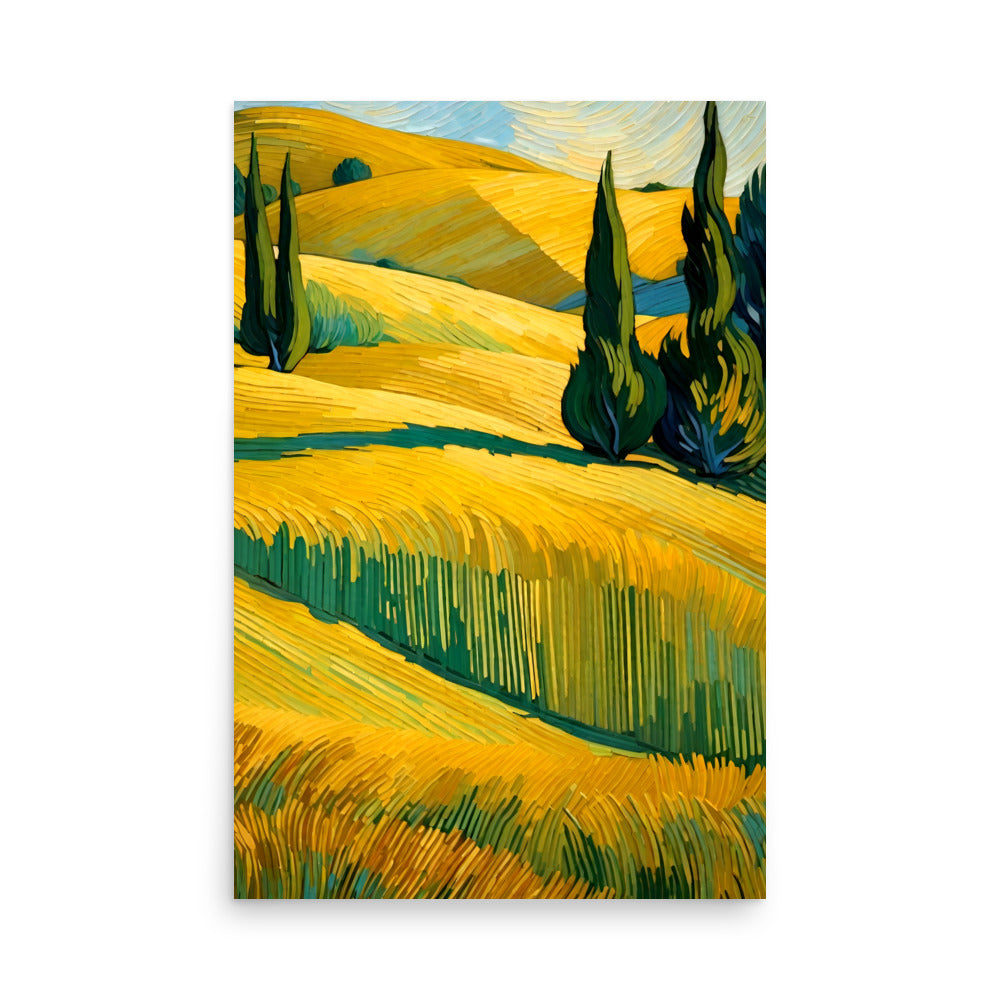 painting of corn fields on a hillside, painted in brilliant golden yellow colors.