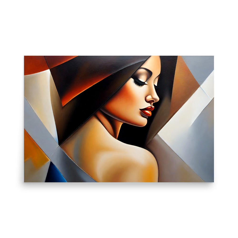 A beautiful woman painting, a slightly abstract modern style decor, and radiant colors.