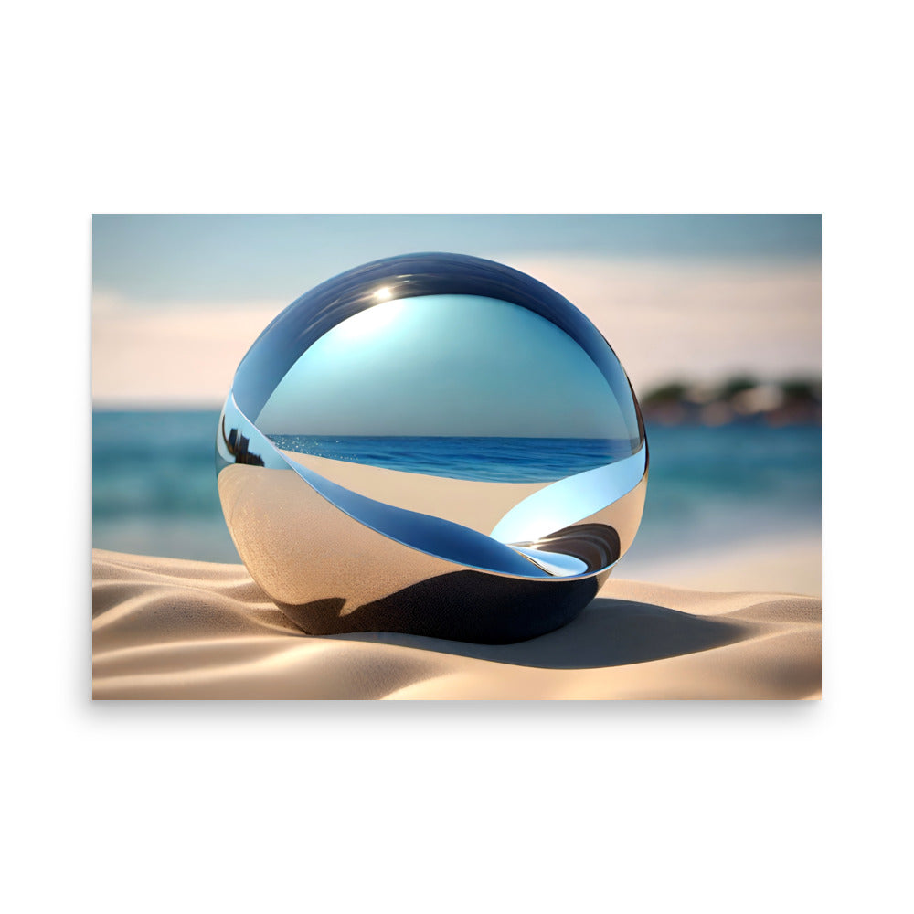A unique ocean artwork, huge crystal ball that has reflections of the beach.