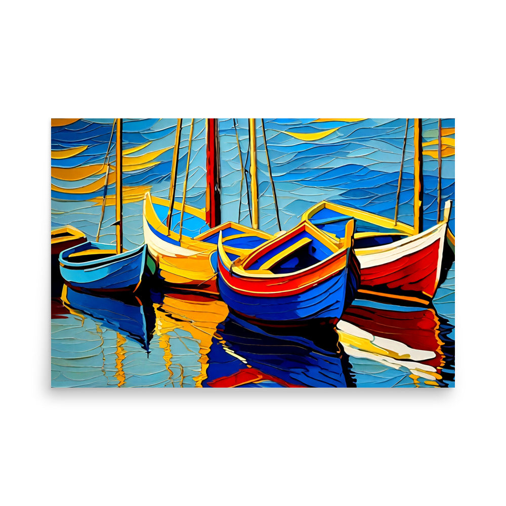 Colorful painting with the reflection of boats on the water, peacefully floating on the lake.