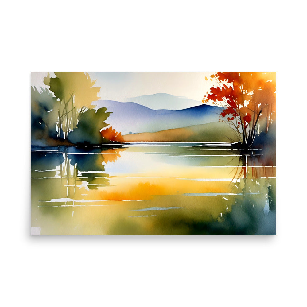 A serene watercolor landscape painting of trees full of color in Fall by a lakeside.