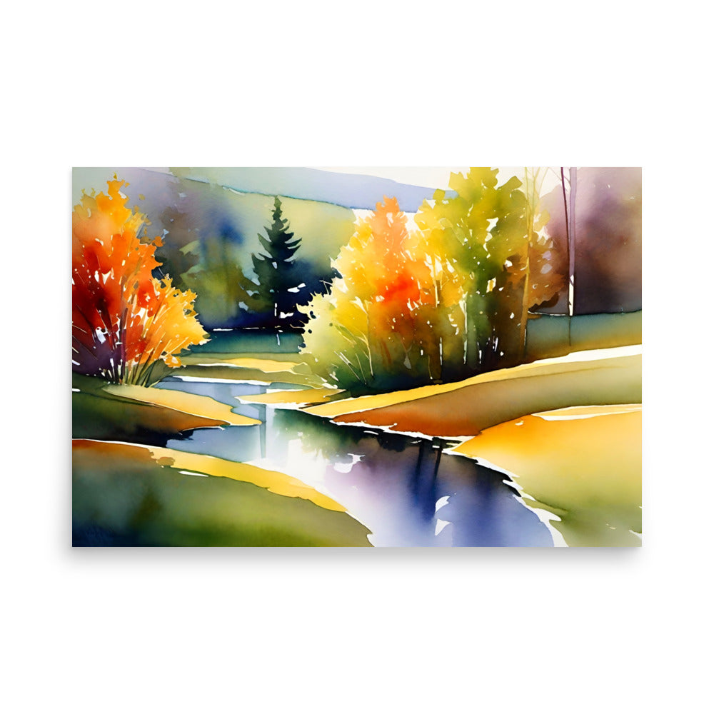A vibrant sunlit landscape painting in watercolor, with brilliant yellows, autumn trees glowing.