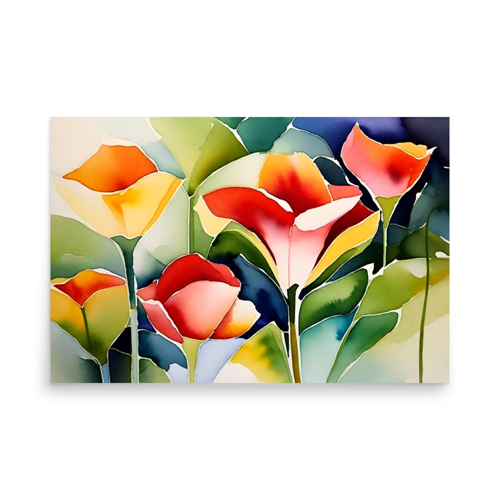 A watercolor floral painting with blooming red and orange flowers, with serene wildflowers.