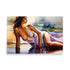 Art with a woman in a swimsuit laying on the sandy shorelines, gracefully wearing a light purple suit.