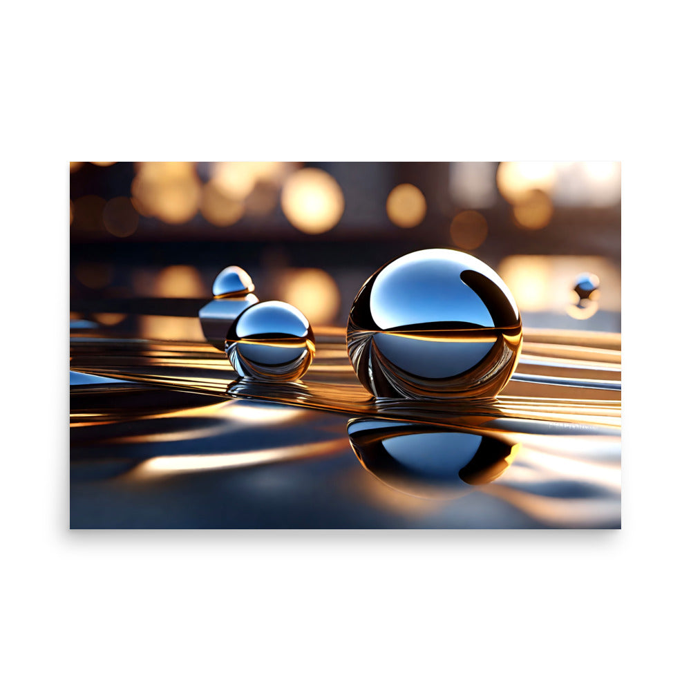 Chrome spheres reflecting the water and sky with a sunrise, a modern art print with reflections.