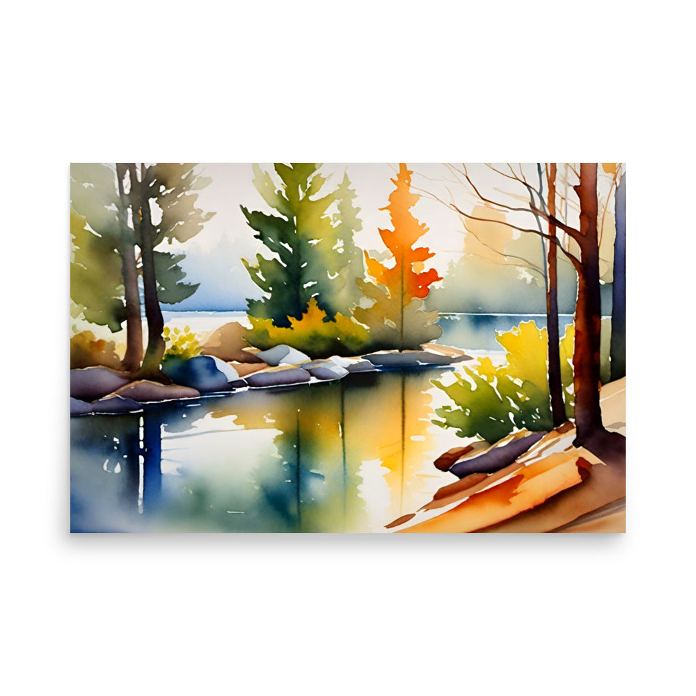 Vibrant autumn foliage encircles serene forest lake. Rocky shoreline guides toward distant treeline. Nature's colorful splendor immortalized in landscape painting.