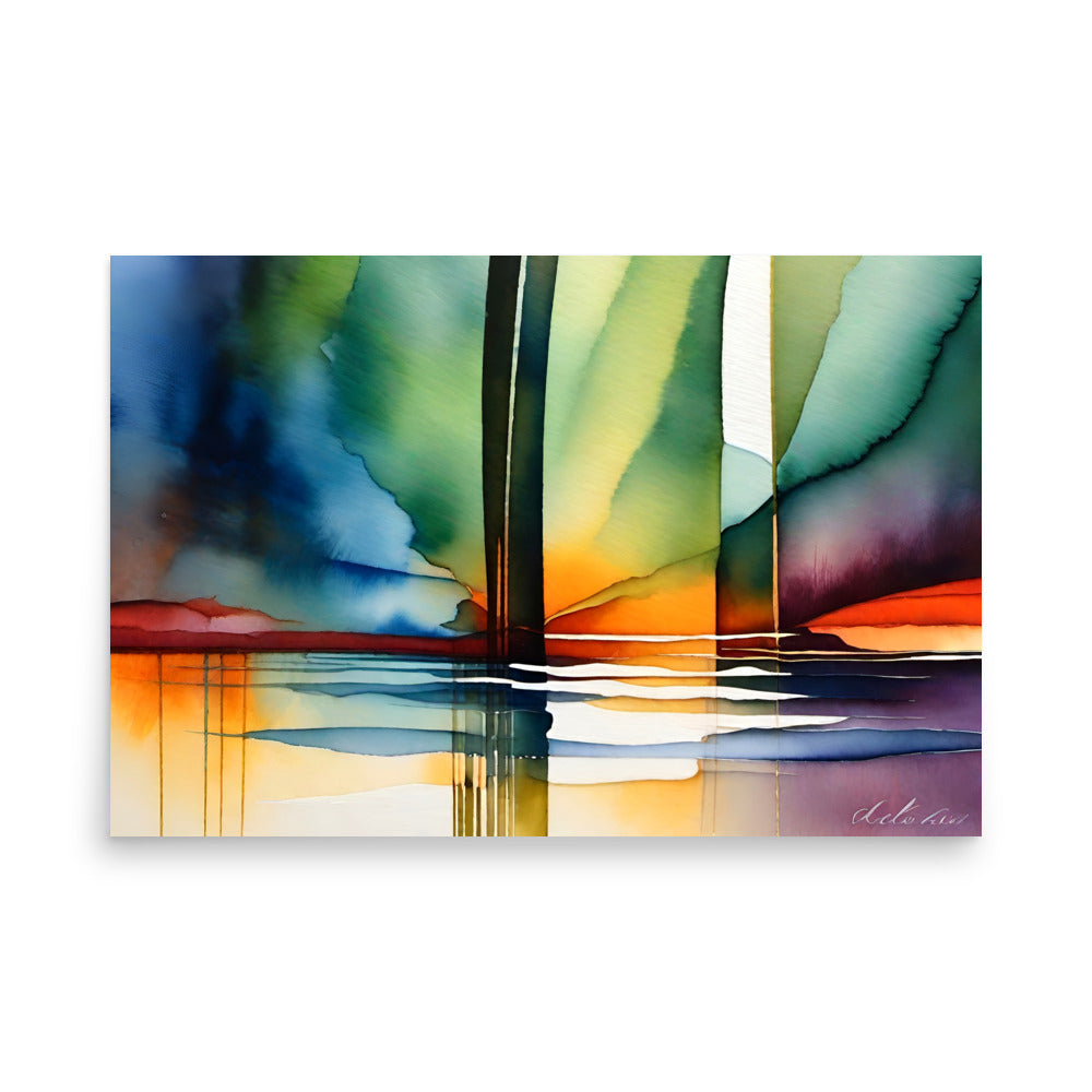 Sailboats in the sunset, a watercolor abstract art painting style with a sunset on the water.