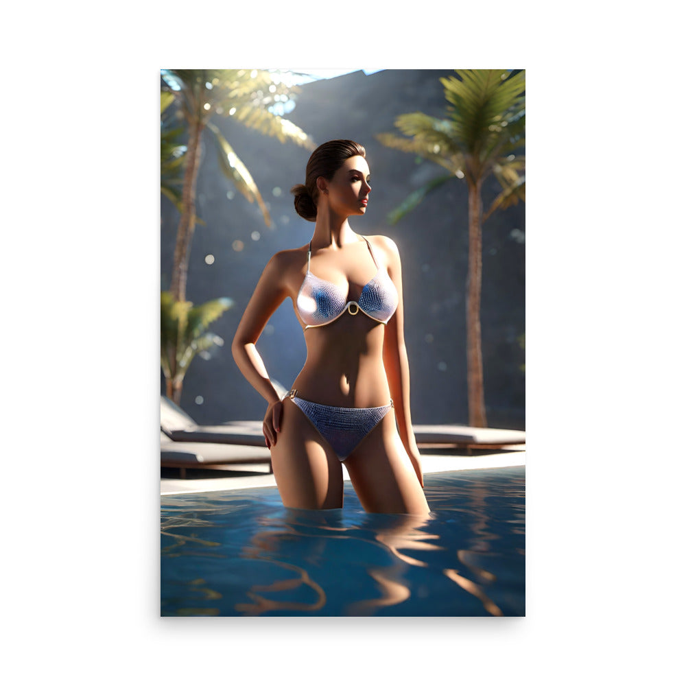 A hot brunette girl wearing a bikini in a pool, and the palm trees add a tropical feel.