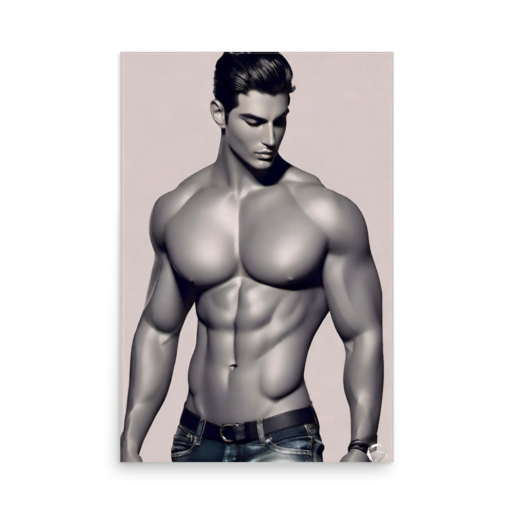 Hot shirtless guy is posing seductively in old blue jeans, wearing a black belt and toned body.