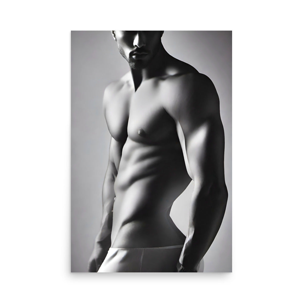 A shirtless dude posing in a black and white art, photorealistic style with a modern composition.