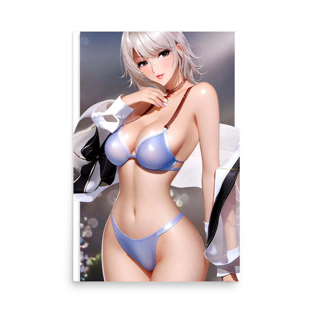 A hot anime style woman in a bikini, seductively posing for a beautiful figurative anime art.