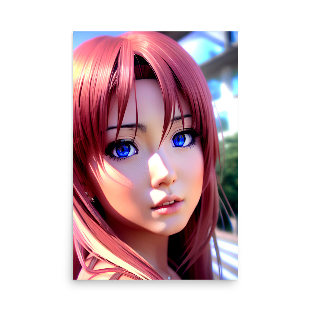 An anime girl with the bluest eyes you've ever seen, with her gleaming red hair.