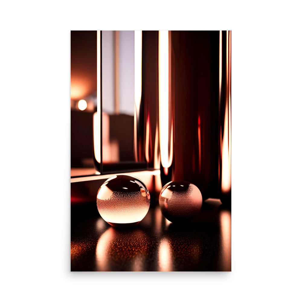 Copper colored modern art with glass spheres with tiny bubbles, showing artistic reflections.