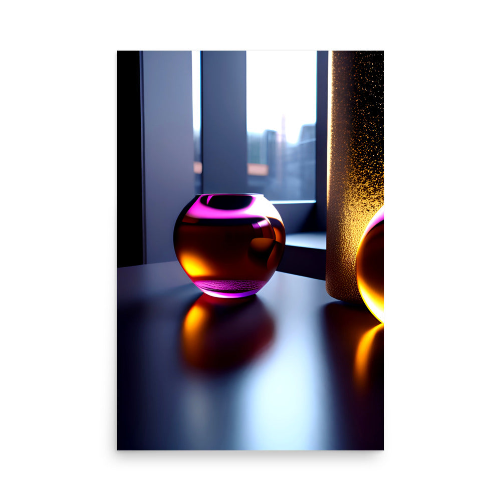 Modern style of art with artglass spheres with vivid pink, golden yellow.