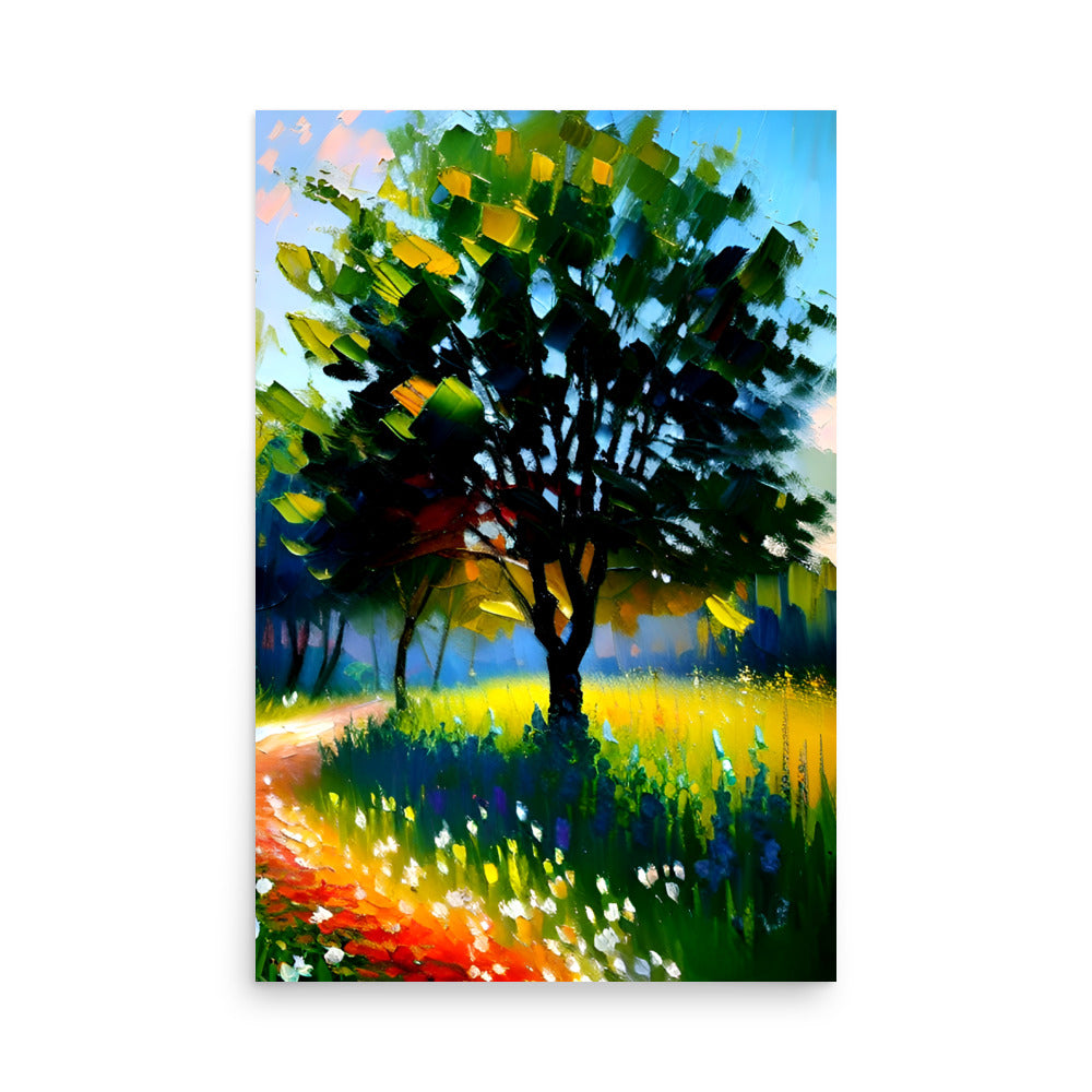 A lone tree painting, a sunlit field full of flowers, painted boldly with contrast.