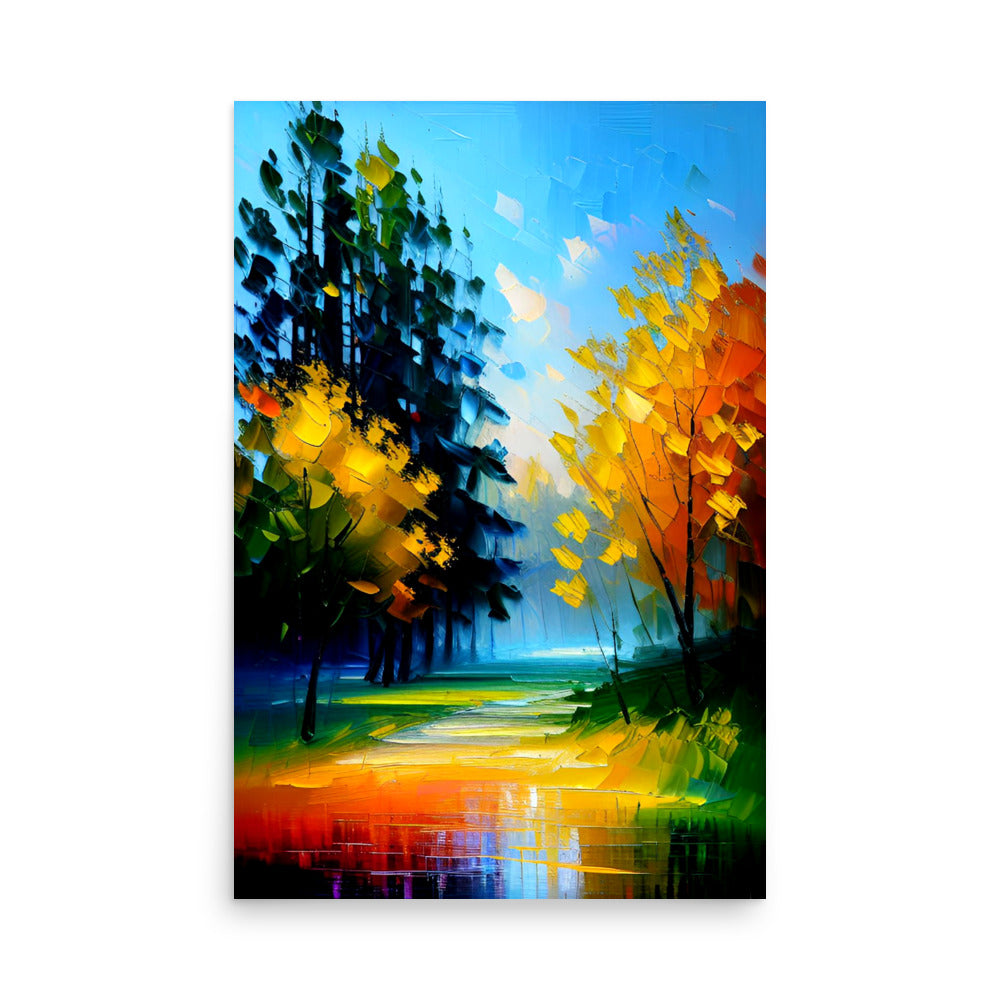 Bright orangish yellow trees in water reflections, a breathtaking paletteknife landscape painting.